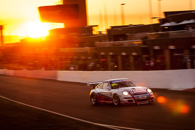 35;35;9-February-2014;Aaron-Zerefos;Andrew-Fisher;Australia;Bathurst;Bathurst-12-Hour;Indiran-Padayachee;NSW;New-South-Wales;Porsche-997-GT3-Cup;Ric-Shaw;SennheiserRentcorp-ForkliftsFiji-Water;auto;endurance;motion-blur;motorsport;racing;sunrise;telephoto