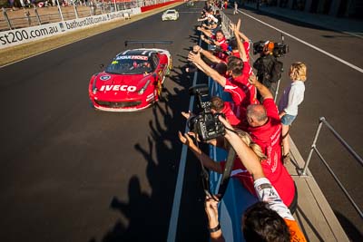 9-February-2014;Australia;Bathurst;Bathurst-12-Hour;Maranello-Motorsport;NSW;New-South-Wales;Topshot;atmosphere;auto;celebration;crew;endurance;finish;motorsport;race-finish;racing;team;wide-angle