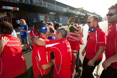 9-February-2014;Australia;Bathurst;Bathurst-12-Hour;Maranello-Motorsport;NSW;New-South-Wales;Topshot;atmosphere;auto;celebration;crew;endurance;motorsport;racing;team;wide-angle