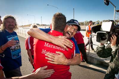 9-February-2014;Australia;Bathurst;Bathurst-12-Hour;John-Bowe;Maranello-Motorsport;NSW;New-South-Wales;Peter-Edwards;Topshot;atmosphere;auto;celebration;endurance;motorsport;portrait;racing;wide-angle