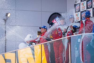 9-February-2014;Australia;Bathurst;Bathurst-12-Hour;John-Bowe;Maranello-Motorsport;Mika-Salo;NSW;New-South-Wales;atmosphere;auto;celebration;champagne;endurance;motorsport;podium;racing;telephoto