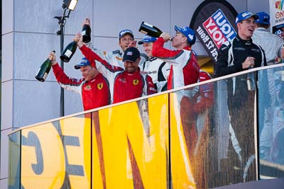 9-February-2014;Australia;Bathurst;Bathurst-12-Hour;Craig-Lowndes;HTP-Motorsport;Harold-Primat;Jack-LeBrocq;Maranello-Motorsport;Mika-Salo;NSW;New-South-Wales;Thomas-Jaeger;Thomas-Jäger;atmosphere;auto;celebration;champagne;endurance;motorsport;podium;racing;telephoto