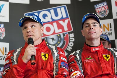 9-February-2014;Australia;Bathurst;Bathurst-12-Hour;Craig-Lowndes;Maranello-Motorsport;Mika-Salo;NSW;New-South-Wales;Topshot;atmosphere;auto;endurance;interview;media-centre;motorsport;portrait;press-conference;racing;telephoto