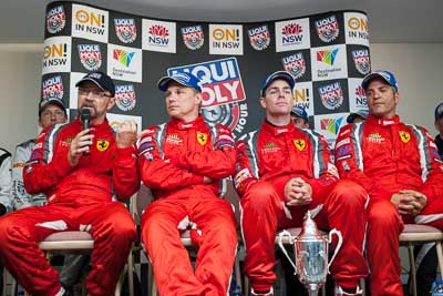 9-February-2014;Australia;Bathurst;Bathurst-12-Hour;Craig-Lowndes;John-Bowe;Maranello-Motorsport;Mika-Salo;NSW;New-South-Wales;Peter-Edwards;atmosphere;auto;endurance;interview;media-centre;motorsport;portrait;press-conference;racing;wide-angle