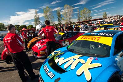 29-March-2014;AGT;Audi-R8-LMS;Australia;Australian-GT-Championship;Ferrari-458-Italia-GT3;Grand-Tourer;Maranello-Motorsport;Parc-Ferme;Parc-Fermé;Sandown-Raceway;Shannons-Nationals;Victoria;atmosphere;mechanics;wide-angle