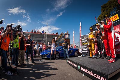 30-March-2014;AGT;Australia;Australian-GT-Championship;Grand-Tourer;John-Bowe;Klark-Quinn;Maranello-Motorsport;Peter-Edwards;Richard-Muscat;Sandown-Raceway;Shannons-Nationals;Topshot;Victoria;atmosphere;fisheye;podium;sky