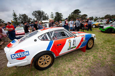 41;1971-Datsun-240Z;29-November-2019;41;Alpine-Rally;Australia;Datsun;Gippsland;Lakes-Entrance-Rotunda;P81;Peter-Dimmock;Rally;Russell-Hannah;VIC;auto;classic;historic;motorsport;racing;vintage;wide-angle