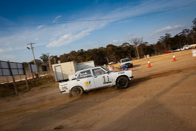 3;29-November-2019;3;Alpine-Rally;Australia;Bairnsdale-Speedway;Brendan-Reeves;CRC;Datsun;Datsun-1600;East-Gippsland;Gippsland;Rally;Rhianon-Gelsomino;VIC;auto;classic;historic;motorsport;racing;sky;vintage;wide-angle