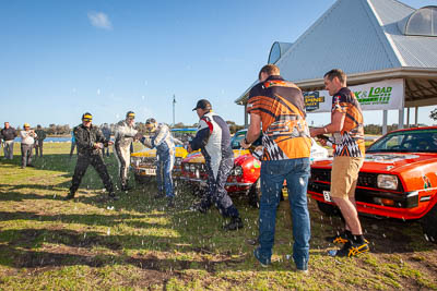 30-November-2019;Alpine-Rally;Australia;Carl-Stewart;David-Guest;Gippsland;Kade-Barrett;Lakes-Entrance-Rotunda;Matthew-James;Nathan-Quinn;Rally;Ray-Winwood‒Smith;VIC;auto;celebration;classic;historic;motorsport;podium;portrait;racing;vintage;wide-angle