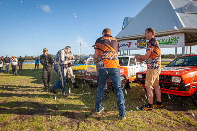 30-November-2019;Alpine-Rally;Australia;David-Guest;Gippsland;Kade-Barrett;Lakes-Entrance-Rotunda;Matthew-James;Nathan-Quinn;Rally;VIC;auto;celebration;classic;historic;motorsport;podium;portrait;racing;vintage;wide-angle