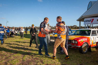 30-November-2019;Alpine-Rally;Australia;David-Guest;Gippsland;Kade-Barrett;Lakes-Entrance-Rotunda;Rally;VIC;auto;celebration;classic;historic;motorsport;podium;portrait;racing;vintage;wide-angle