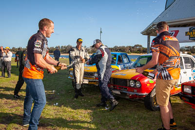 30-November-2019;Alpine-Rally;Australia;Carl-Stewart;David-Guest;Gippsland;Kade-Barrett;Lakes-Entrance-Rotunda;Rally;Ray-Winwood‒Smith;VIC;auto;celebration;classic;historic;motorsport;podium;portrait;racing;vintage;wide-angle