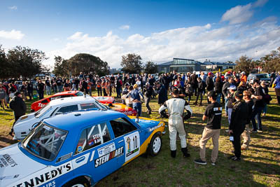 30-November-2019;Alpine-Rally;Australia;Carl-Stewart;Gippsland;Lakes-Entrance-Rotunda;Matthew-James;Rally;VIC;Wes-Stewart;auto;celebration;classic;co‒drivers;crowd;drivers;group;historic;motorsport;podium;racing;sky;vintage;wide-angle